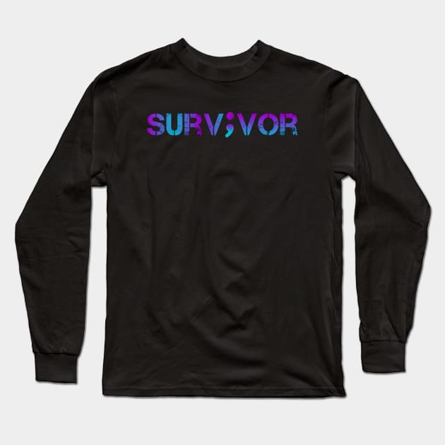 Mental Health Awareness - Survivor Semicolon Teal & Purple Vintage Gradient Long Sleeve T-Shirt by Inspire Enclave